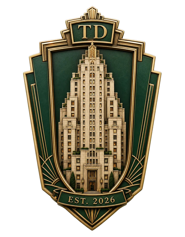 Tower Duels crest featuring a New York Art Deco apartment tower